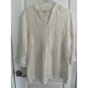 Charter club luxury linen white tunic top white embroidered flower accents